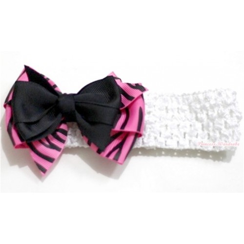 White Headband with Black & Hot Pink Zebra Ribbon Bow Hair Clip H583 