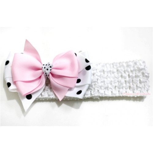 White Headband with Light Pink & White Black Polka Dots Ribbon Bow Hair Clip H585 