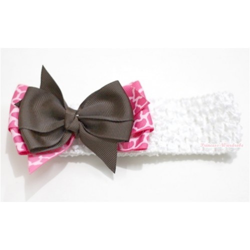 White Headband with Brown & Hot Pink Giraffe Ribbon Bow Hair Clip H586 