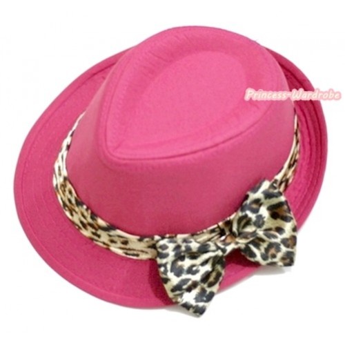Leopard Lacing Hot Pink Jazz Hat With Leopard Satin Bow H596 
