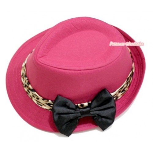Leopard Lacing Hot Pink Jazz Hat With Black Satin Bow H598 