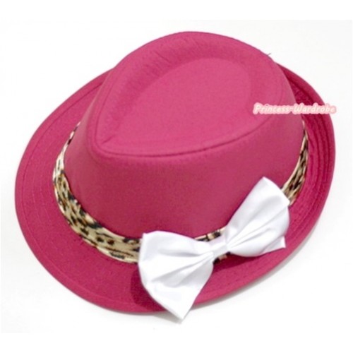 Leopard Lacing Hot Pink Jazz Hat With White Satin Bow H599 