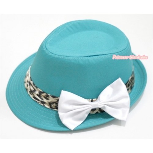 Leopard Lacing Aqua Blue Jazz Hat With White Satin Bow H602 