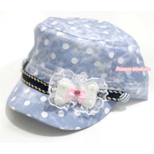 Light Blue White Polka Dots Military Cap With Lace Bow H606 