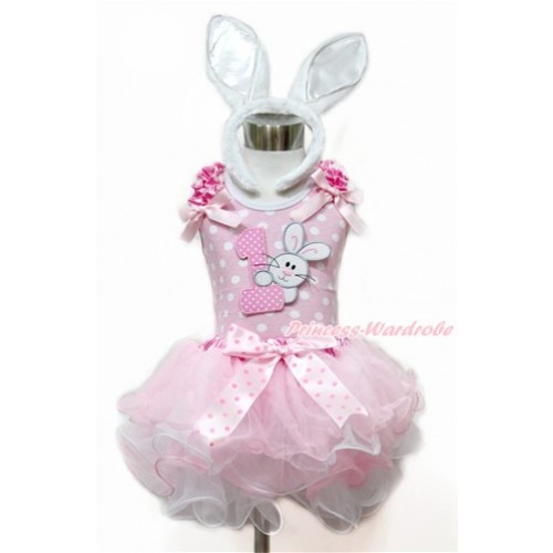 Easter Light Pink White Dots Tank Top With Hot Pink White Dots Ruffles & Light Pink Bow & 1st Light Pink White Dots Birthday Number & Bunny Rabbit With Hot Pink White Polka Dots Waist Light Pink White Petal Pettiskirt With White Rabbit Headband MH189 
