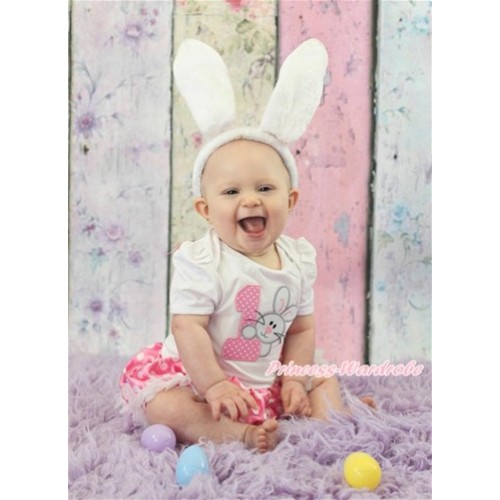 Easter White Baby Jumpsuit Hot Pink White Dots Pettiskirt With 1st Light Pink White Dots Birthday Number & Bunny Rabbit Print With Rabbit Headband JS3203 