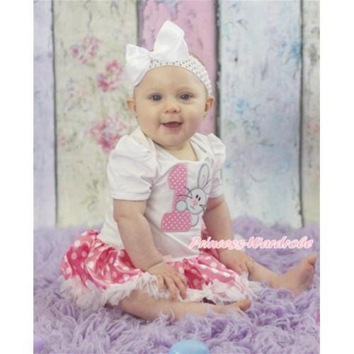 Easter White Baby Jumpsuit Hot Pink White Dots Pettiskirt With 1st Light Pink White Dots Birthday Number & Bunny Rabbit Print With White Headband White Silk Bow JS3204 