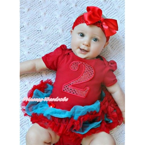 Red Baby Jumpsuit Peacock Blue Red Pettiskirt With 2nd Sparkle Red Birthday Number Print With Red Headband Red Silk Bow JS3205 