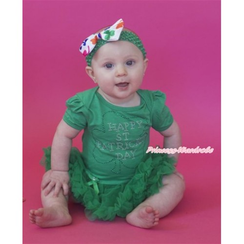 St Patrick's Day Kelly Green Baby Jumpsuit Kelly Green Pettiskirt With Sparkle Crystal Bling Rhinestone Clover Print With Kelly Green Headband Rainbow Clover Satin Bow JS3207 