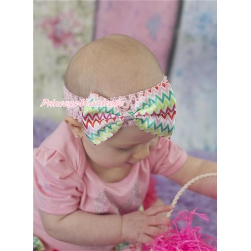 Light Pink Headband with Rainbow Wave Satin Hair Bow Clip H814 