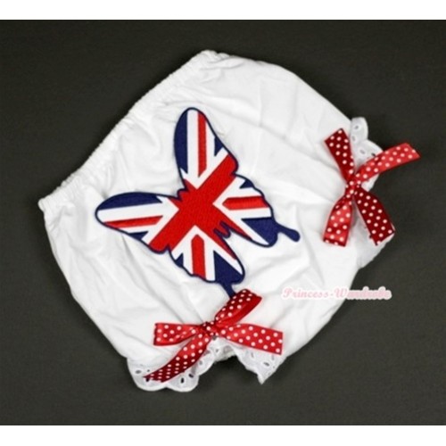White Bloomer With Patriotic British Butterfly Print & Minnie Dots Bow BL95 