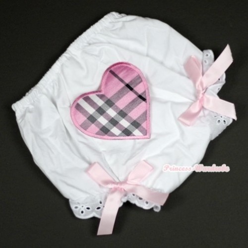 White Bloomer With Light Pink Checked Heart Print & Light Pink Bow BL97 