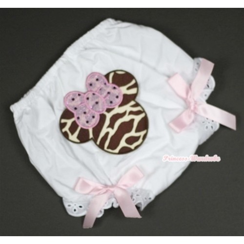 White Bloomer With Brown Giraffe Minnie Print & Light Pink Bow BL102 