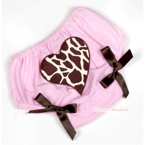 Light Pink Bloomer With Brown Giraffe Heart Print & Brown Bow BL113 
