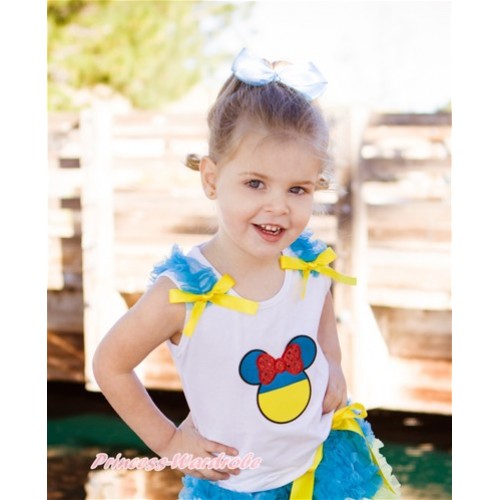World Cup White Tank Top With Peacock Blue Ruffles & Yellow Bow With Sparkle Red Ukraine Minnie Print TB716 