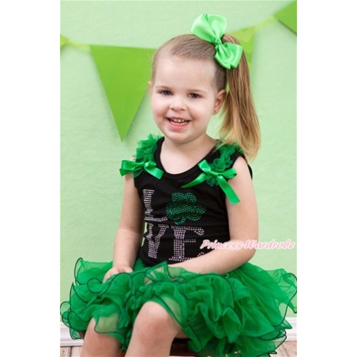 St Patrick's Day Black Tank Top With Kelly Green Ruffles & Kelly Green Bow & Sparkle Crystal Bling Rhinestone Love Clover Print With Kelly Green Bow Kelly Green Petal Pettiskirt MG1119 