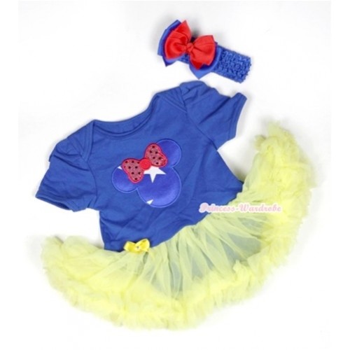 Royal Blue Baby Jumpsuit Yellow Pettiskirt With Patriotic American Minnie Print With Royal Blue Headband Red & Royal Blue Ribbon Bow JS447 