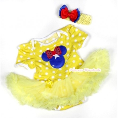 Yellow White Dots Baby Jumpsuit Yellow Pettiskirt With Patriotic American Minnie Print With Yellow Headband Red & Royal Blue Ribbon Bow JS448 