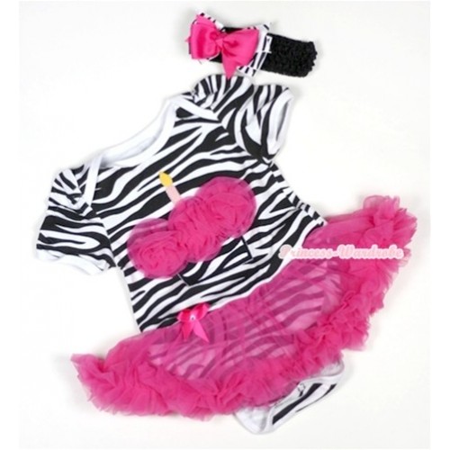 Zebra Baby Jumpsuit Hot Pink Pettiskirt With Hot Pink Rosettes Zebra Birthday Cake Print With Black Headband Hot Pink & Zebra Ribbon Bow JS449 
