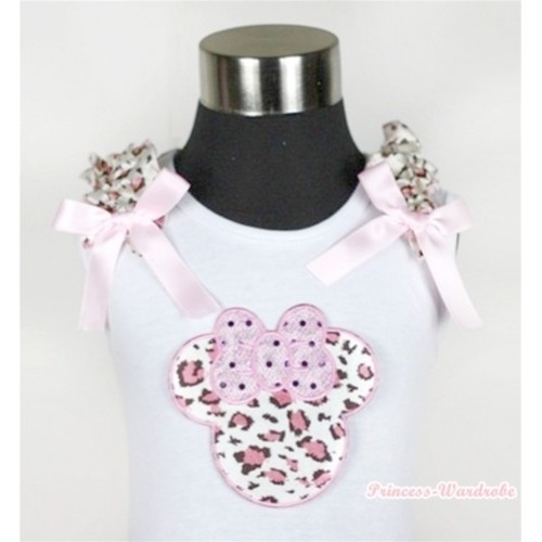White Tank Top With Light Pink Leopard Minnie Print with Light Pink Leopard Ruffles & Light Pink Bow TB344 