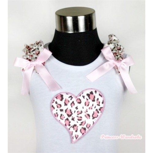White Tank Top With Light Pink Leopard Heart Print with Light Pink Leopard Ruffles & Light Pink Bow TB345 