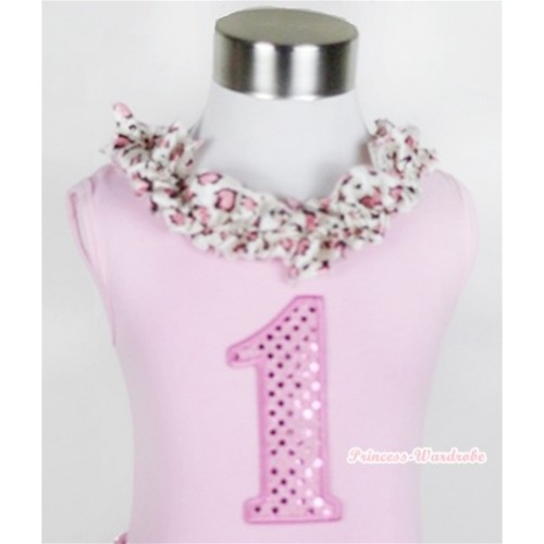 Light Pink Tank Tops with 1st Sparkle Light Pink Birthday Number Print with Light Pink Leopard Satin Lacing TP39 