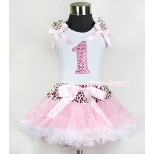 White Tank Top with 1st Sparkle Light Pink Birthday Number Print with Light Pink Leopard Ruffles & Light Pink Bow & Light Pink Leopard Waist Light Pink White Pettiskirt MG433 