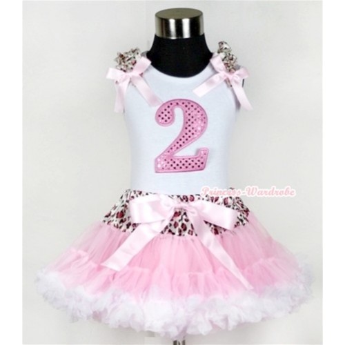 White Tank Top with 2nd Sparkle Light Pink Birthday Number Print with Light Pink Leopard Ruffles & Light Pink Bow & Light Pink Leopard Waist Light Pink White Pettiskirt MG434 