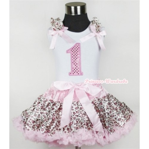 White Tank Top with 1st Sparkle Light Pink Birthday Number Print with Light Pink Leopard Ruffles & Light Pink Bow & Light Pink Leopard Pettiskirt MG439 