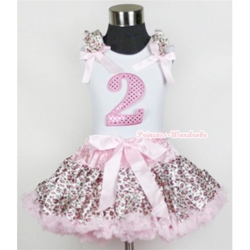 White Tank Top with 2nd Sparkle Light Pink Birthday Number Print with Light Pink Leopard Ruffles & Light Pink Bow & Light Pink Leopard Pettiskirt MG440 