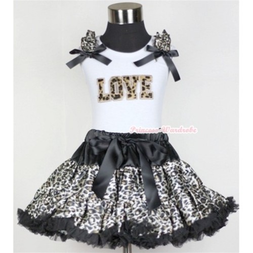 White Tank Top with Leopard Love Print with Leopard Ruffles & Black Bow & Black Leopard Pettiskirt MG556 