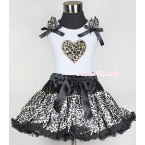 White Tank Top with Leopard Heart Print with Leopard Ruffles & Black Bow & Black Leopard Pettiskirt MG557 