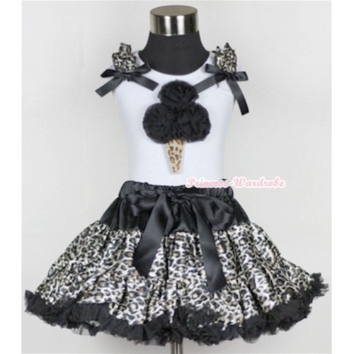 White Tank Top with Black Rosettes Leopard Ice Cream Print with Leopard Ruffles & Black Bow & Black Leopard Pettiskirt MG560 