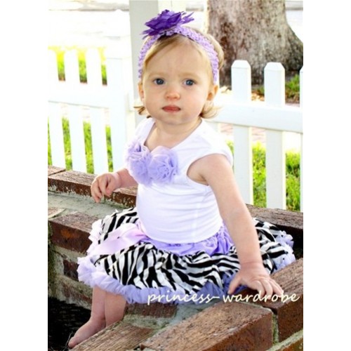 White Baby Pettitop & Lavender Rosettes with Lavender Zebra Baby Pettiskirt NG22 