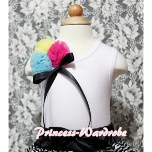 White Tank Top with Bunch of  Yellow Light Blue Hot Pink Rosettes and Black Bow TB148 