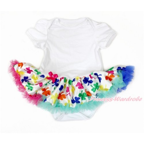 White Baby Bodysuit Jumpsuit Rainbow Clover Pettiskirt JS3209 