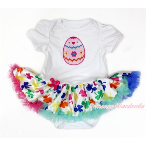Easter White Baby Jumpsuit Rainbow Clover Pettiskirt with Easter Egg Print JS3217 