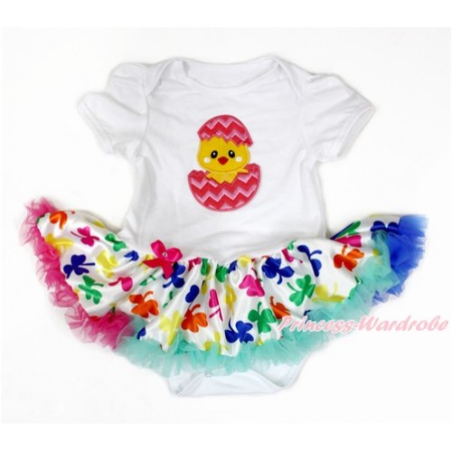 Easter White Baby Jumpsuit Rainbow Clover Pettiskirt with Chick Egg Print JS3218 