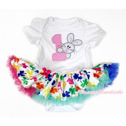 Easter White Baby Jumpsuit Rainbow Clover Pettiskirt with 1st Light Pink White Dots Birthday Number & Bunny Rabbit Print JS3220 