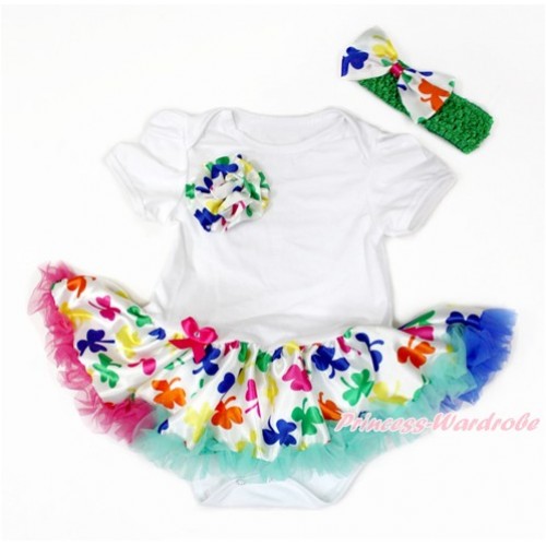 St Patrick's Day White Baby Bodysuit Jumpsuit Rainbow Clover Pettiskirt With One Rainbow Clover Rose With Kelly Green Headband Rainbow Clover Satin Bow JS3222 