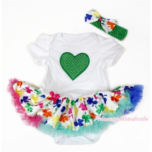Valentine's Day White Baby Bodysuit Jumpsuit Rainbow Clover Pettiskirt With Sparkle Kelly Green Heart Print With Kelly Green Headband Rainbow Clover Satin Bow JS3224 