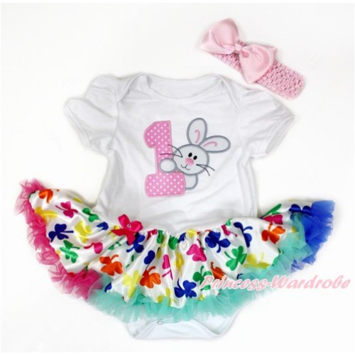 Easter White Baby Bodysuit Jumpsuit Rainbow Clover Pettiskirt With 1st Light Pink White Dots Birthday Number & Bunny Rabbit Print With Light Pink Headband Light Pink Silk Bow JS3232 