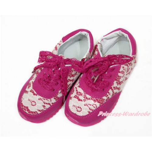 Hot Pink White Lace Girl Sport Sneaker A-1HotPink 