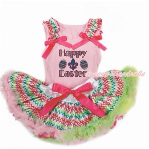 Easter Light Pink Baby Pettitop with Rainbow Wave Ruffles & Hot Pink Bow with Sparkle Crystal Bling Rhinestone Happy Easter Print with Rainbow Wave Newborn Pettiskirt BG147 