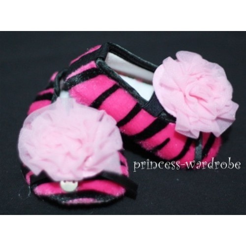 Baby Hot Pink Zebra Crib Shoes with Light Pink Rosettes S23 