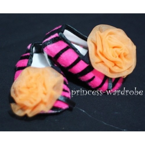 Baby Hot Pink Zebra Crib Shoes with Orange Rosettes S25 