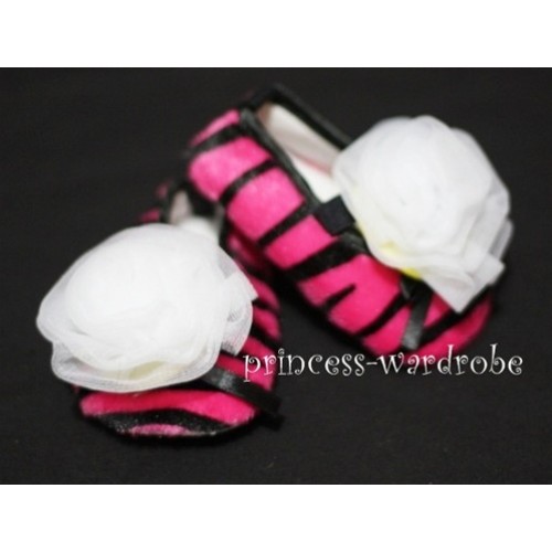 Baby Hot Pink Zebra Crib Shoes with Pure White Rosettes S26 