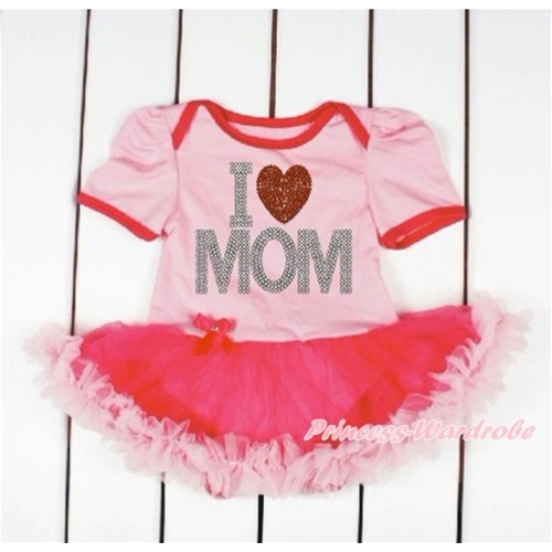 Mother's Day Light Pink Baby Bodysuit Jumpsuit Hot Light Pink Pettiskirt with Sparkle Crystal Bling Rhinestone I Love Mom Print JS3238 