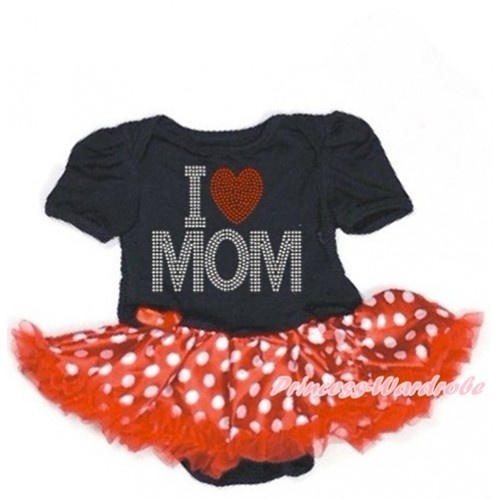 Mother's Day Black Baby Bodysuit Jumpsuit Minnie Dots Pettiskirt with Sparkle Crystal Bling Rhinestone I Love Mom Print JS3239 