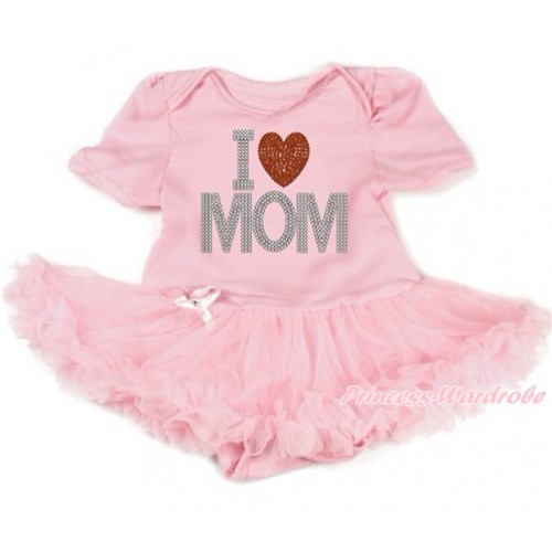 Mother's Day Light Pink Baby Bodysuit Jumpsuit Light Pink Pettiskirt with Sparkle Crystal Bling Rhinestone I Love Mom Print JS3241 